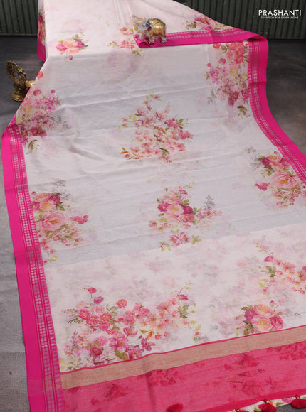 Off White & Pink  Kota Silk Cotton Saree - Floral Prints