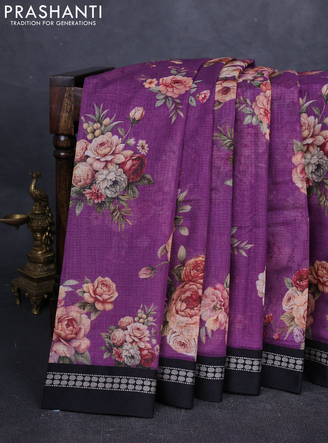 Purple & Black  Kota Silk Cotton Saree - Floral Prints
