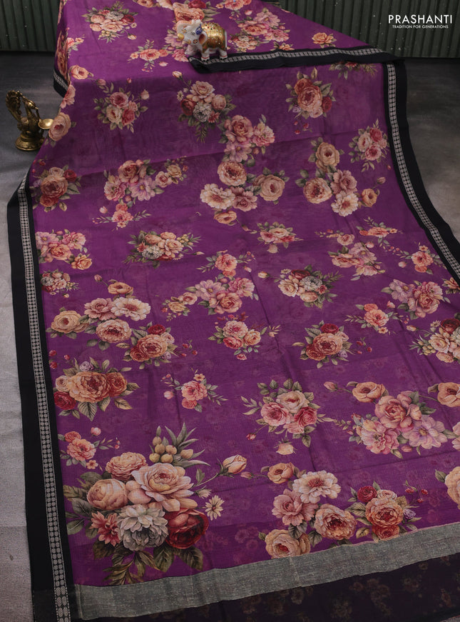 Purple & Black  Kota Silk Cotton Saree - Floral Prints