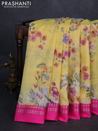 Yellow & pink  Kota Silk Cotton Saree - Floral Prints