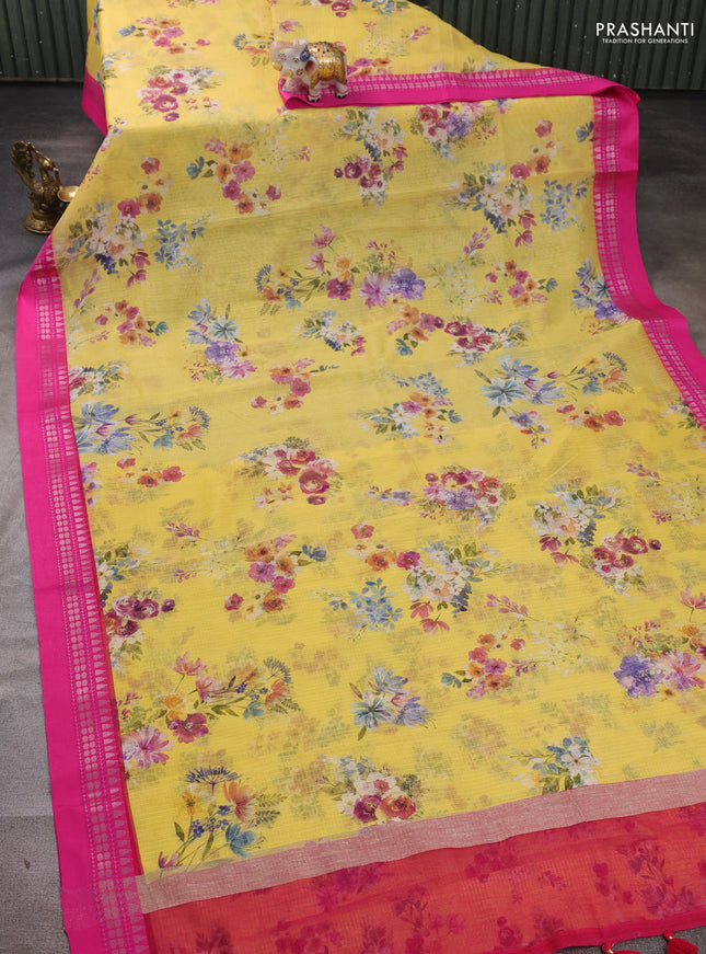 Yellow & pink  Kota Silk Cotton Saree - Floral Prints