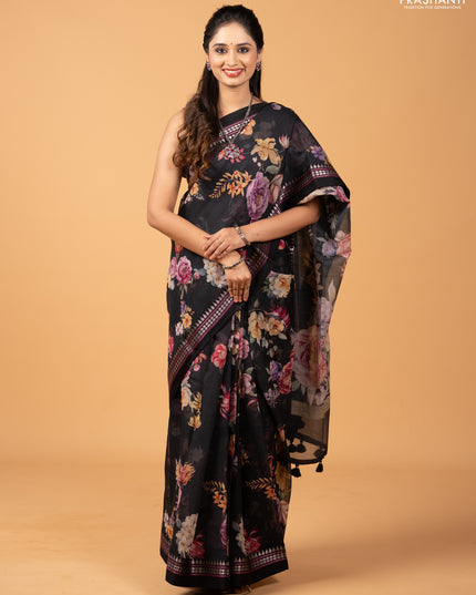 Black  Kota Silk Cotton Saree - Floral Prints