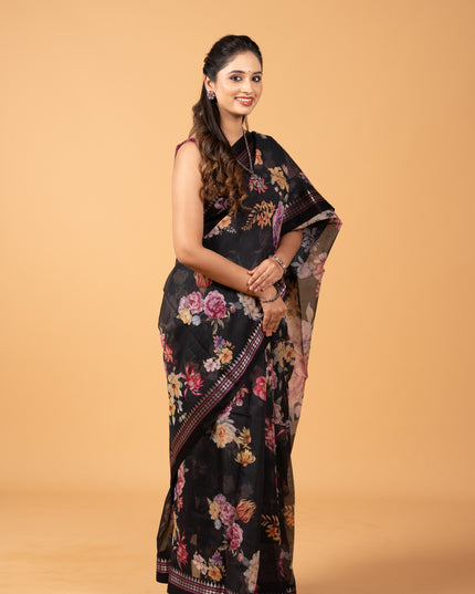 Black  Kota Silk Cotton Saree - Floral Prints