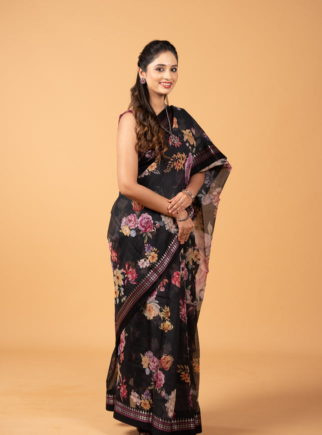 Black  Kota Silk Cotton Saree - Floral Prints