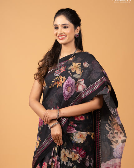 Black  Kota Silk Cotton Saree - Floral Prints