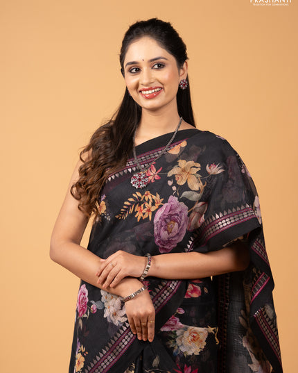Black  Kota Silk Cotton Saree - Floral Prints