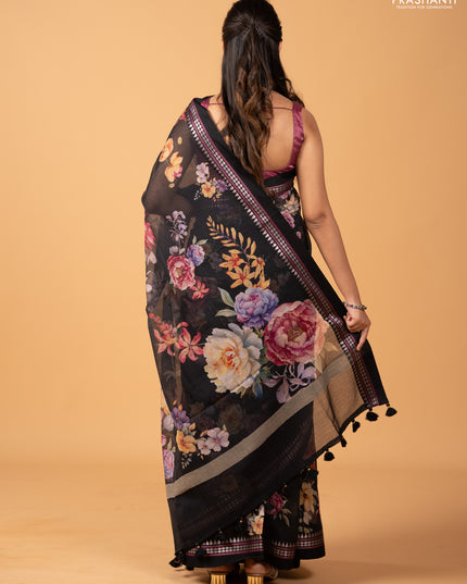 Black  Kota Silk Cotton Saree - Floral Prints