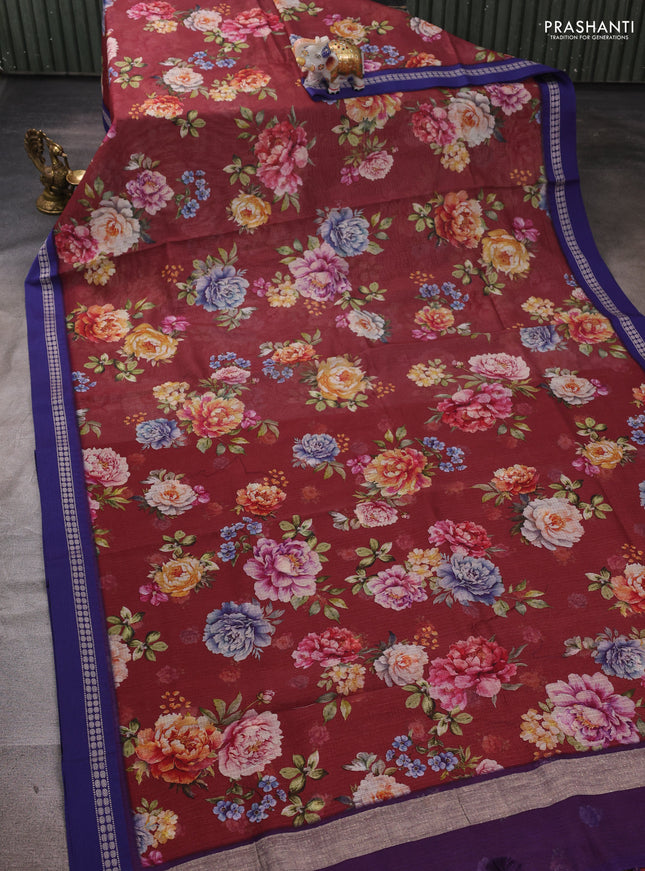 Maroon & blue  Kota Silk Cotton Saree - Floral Prints