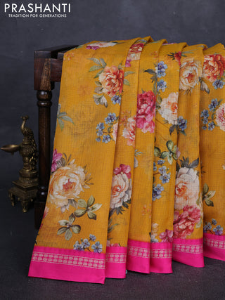 Yellow & pink  Kota Silk Cotton Saree - Floral Prints