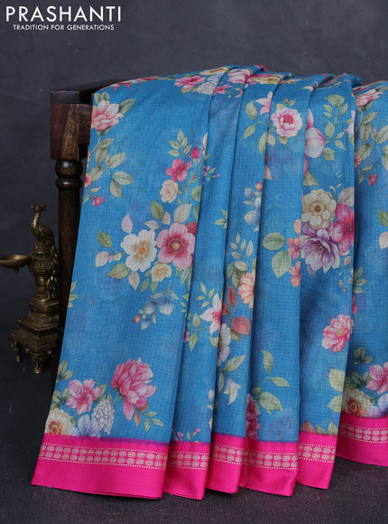 Blue & Pink  Kota Silk Cotton Saree - Floral Prints
