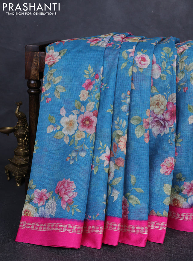Blue & Pink  Kota Silk Cotton Saree - Floral Prints