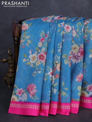 Blue & Pink  Kota Silk Cotton Saree - Floral Prints
