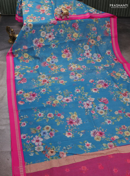 Blue & Pink  Kota Silk Cotton Saree - Floral Prints