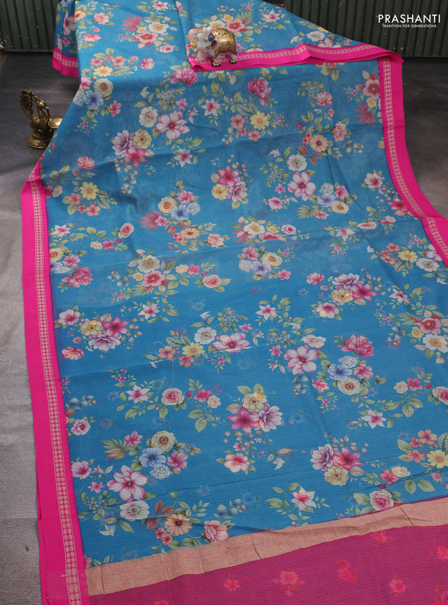 Blue & Pink  Kota Silk Cotton Saree - Floral Prints