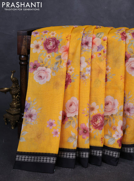 Yellow & Black  Kota Silk Cotton Saree - Floral Prints