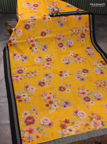 Yellow & Black  Kota Silk Cotton Saree - Floral Prints