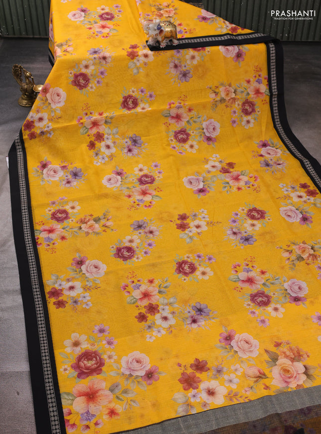 Yellow & Black  Kota Silk Cotton Saree - Floral Prints