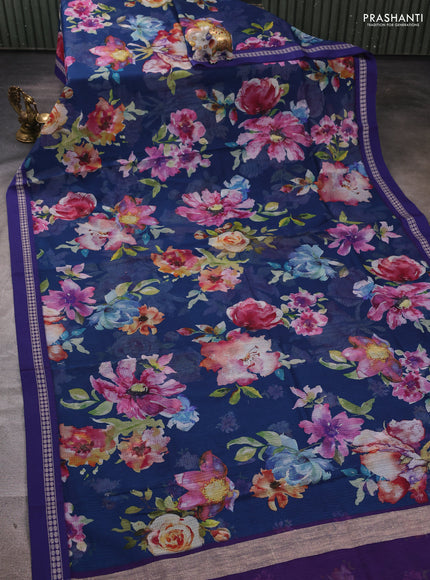 Peacock blue & Blue  Kota Silk Cotton Saree - Floral Prints