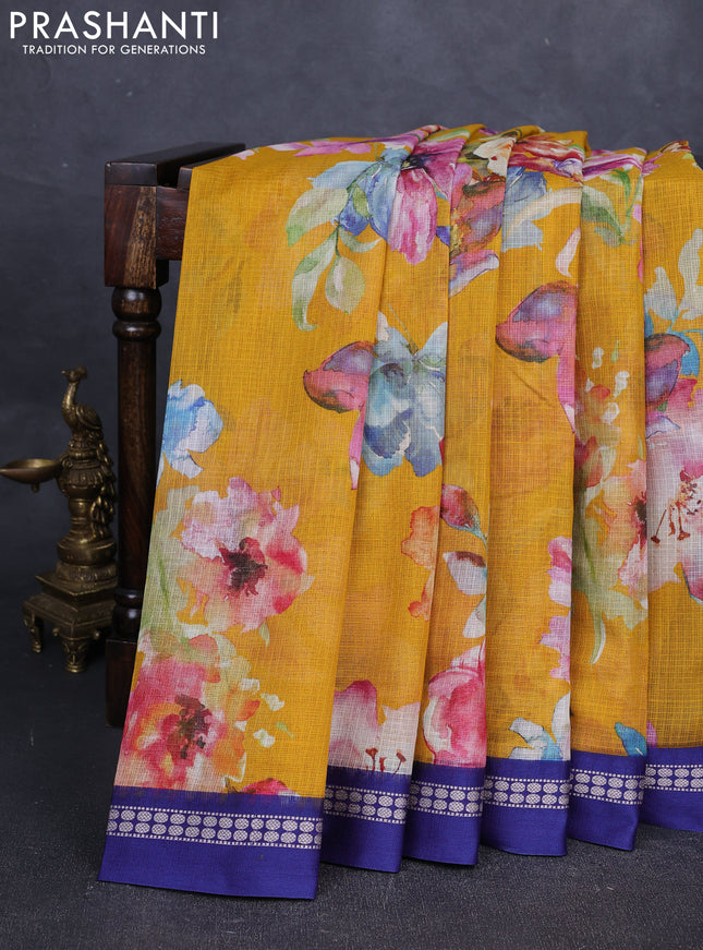 Yellow & Blue  Kota Silk Cotton Saree - Floral Prints