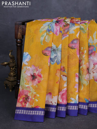 Yellow & Blue  Kota Silk Cotton Saree - Floral Prints