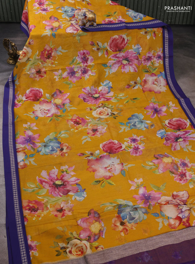 Yellow & Blue  Kota Silk Cotton Saree - Floral Prints