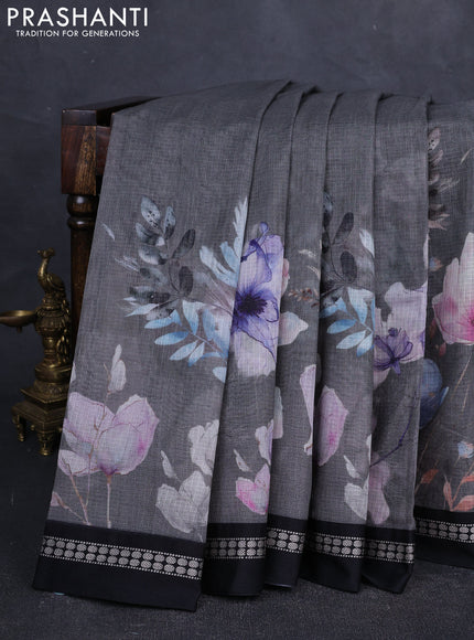 Grey & Black  Kota Silk Cotton Saree - Floral Prints