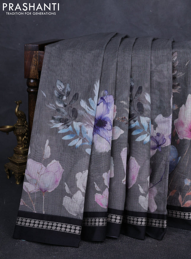 Grey & Black  Kota Silk Cotton Saree - Floral Prints