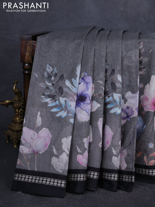 Grey & Black  Kota Silk Cotton Saree - Floral Prints