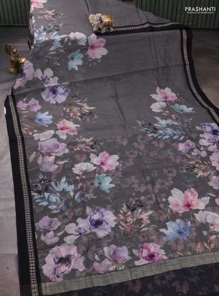 Grey & Black  Kota Silk Cotton Saree - Floral Prints