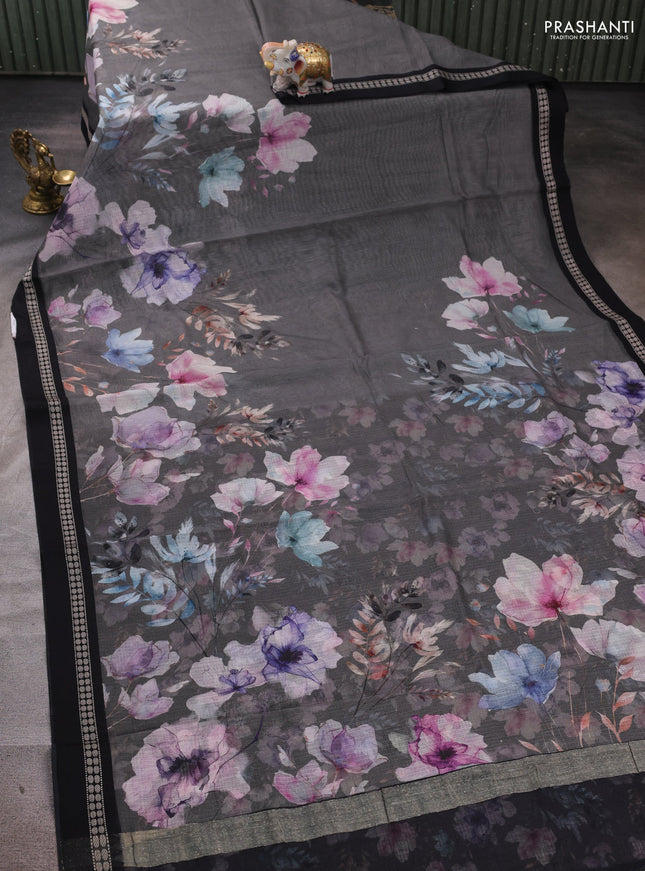Grey & Black  Kota Silk Cotton Saree - Floral Prints