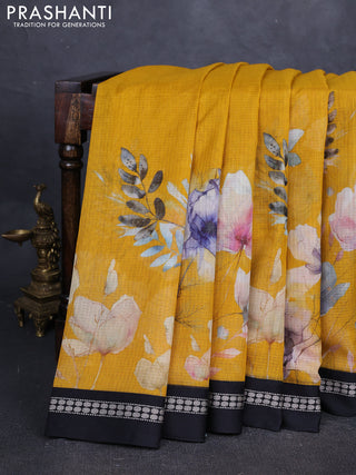 Mustard Yellow & Black  Kota Silk Cotton Saree - Floral Prints