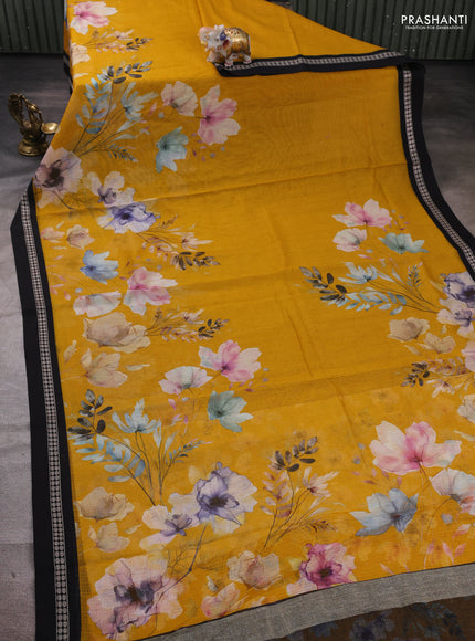 Mustard Yellow & Black  Kota Silk Cotton Saree - Floral Prints
