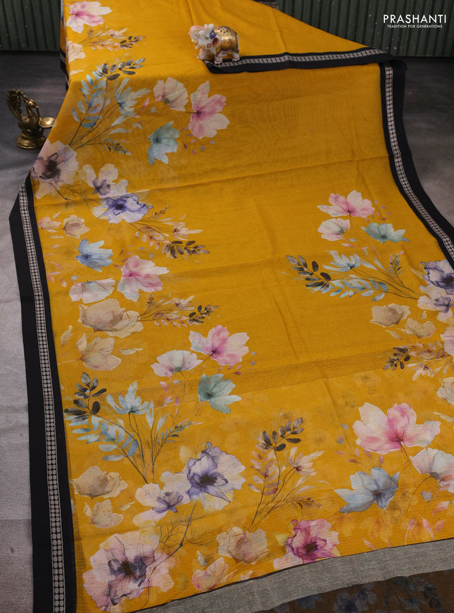 Mustard Yellow & Black  Kota Silk Cotton Saree - Floral Prints