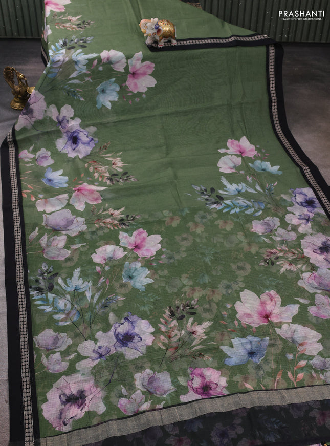 Green & black  Kota Silk Cotton Saree - Floral Prints
