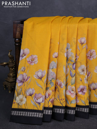 Yellow & Black  Kota Silk Cotton Saree - Floral Prints