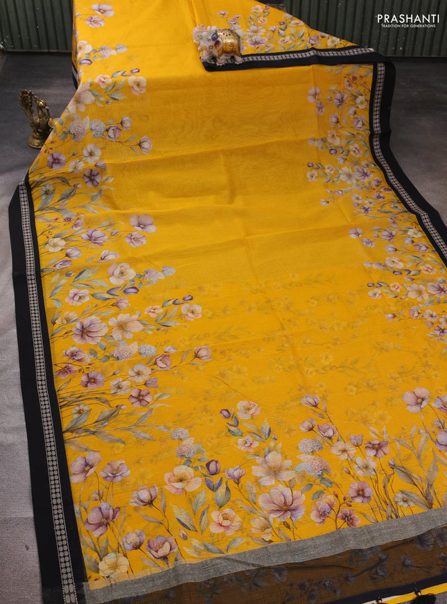 Yellow & Black  Kota Silk Cotton Saree - Floral Prints
