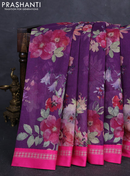Pink & Black Kota Silk Cotton Saree - Floral Prints