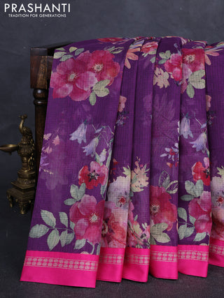 Pink & Black Kota Silk Cotton Saree - Floral Prints