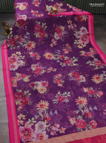 Pink & Black Kota Silk Cotton Saree - Floral Prints