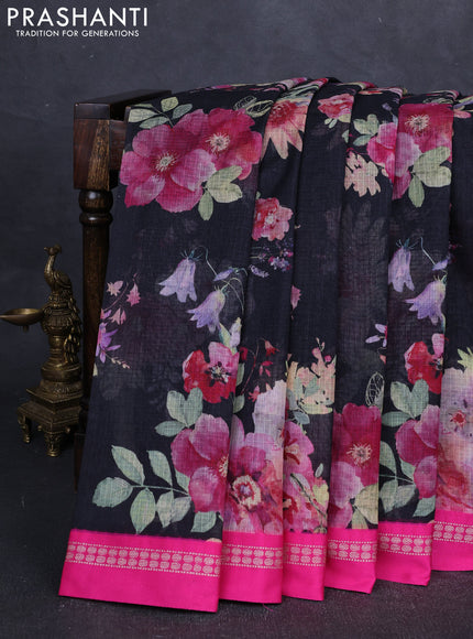 Black & Pink Kota Silk Cotton Saree - Floral Prints