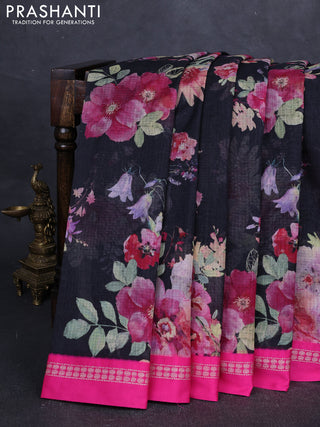 Black & Pink Kota Silk Cotton Saree - Floral Prints