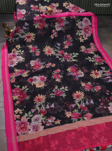 Black & Pink Kota Silk Cotton Saree - Floral Prints