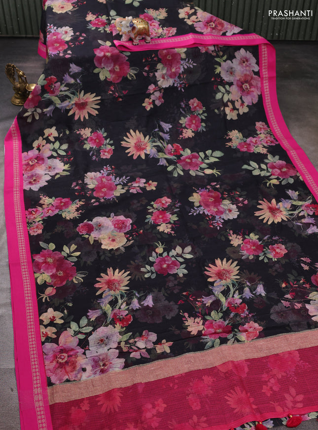 Black & Pink Kota Silk Cotton Saree - Floral Prints