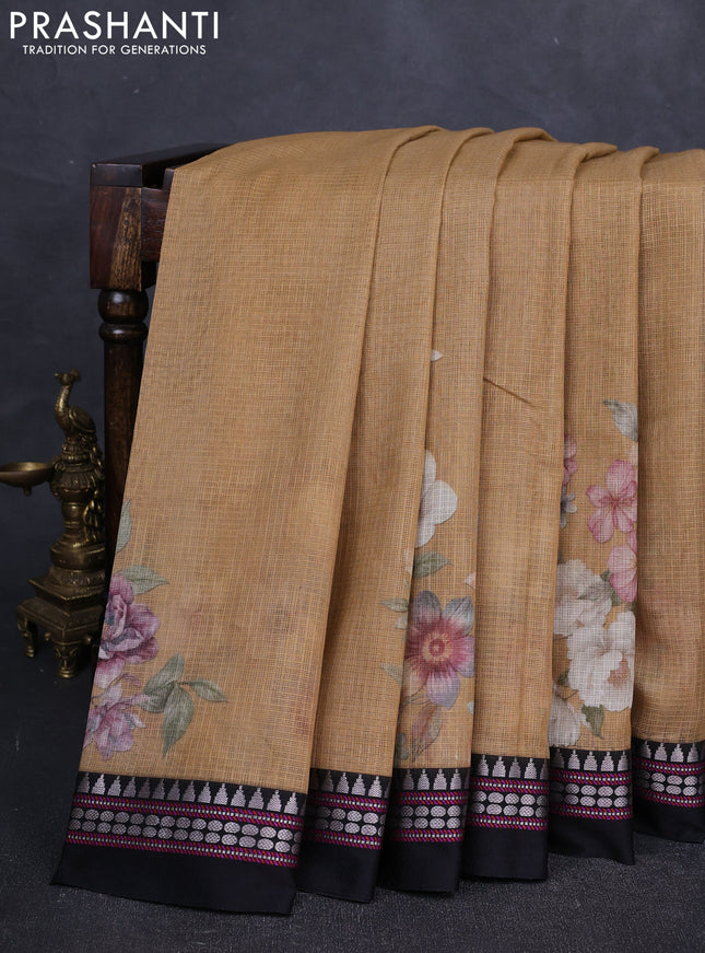 Sandal & Black  Kota Silk Cotton Saree -Floral Prints
