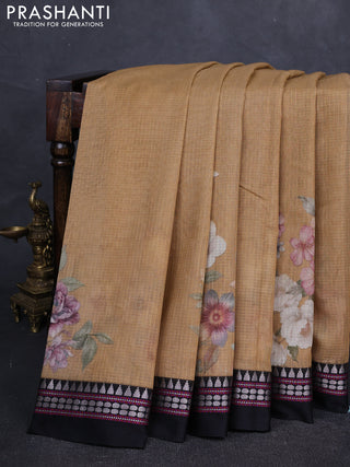 Sandal & Black  Kota Silk Cotton Saree -Floral Prints