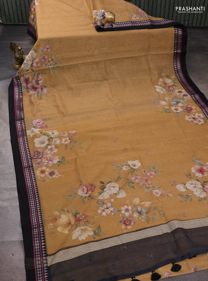 Sandal & Black  Kota Silk Cotton Saree -Floral Prints
