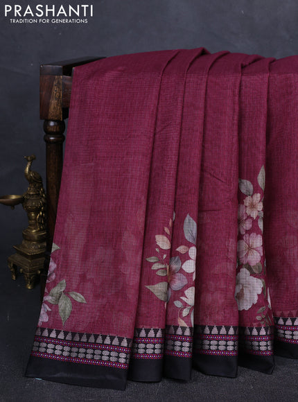 Wine  & Black  Kota Silk Cotton Saree - Floral Prints