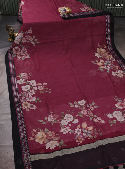 Wine  & Black  Kota Silk Cotton Saree - Floral Prints