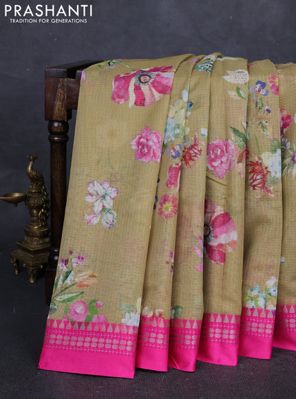 Elaichi Green & Pink Kota Silk Cotton Saree - Floral Prints