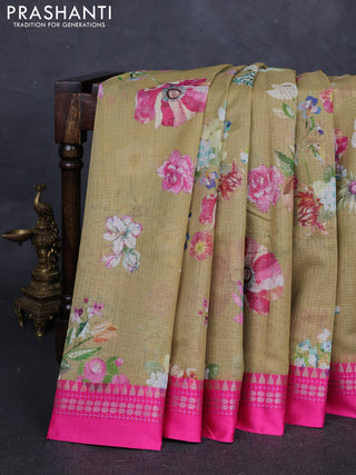 Elaichi Green & Pink Kota Silk Cotton Saree - Floral Prints